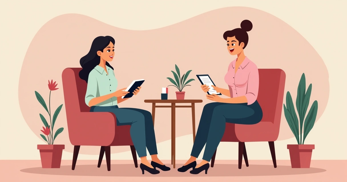 Profissional de beleza conversando com cliente em ambiente acolhedor 