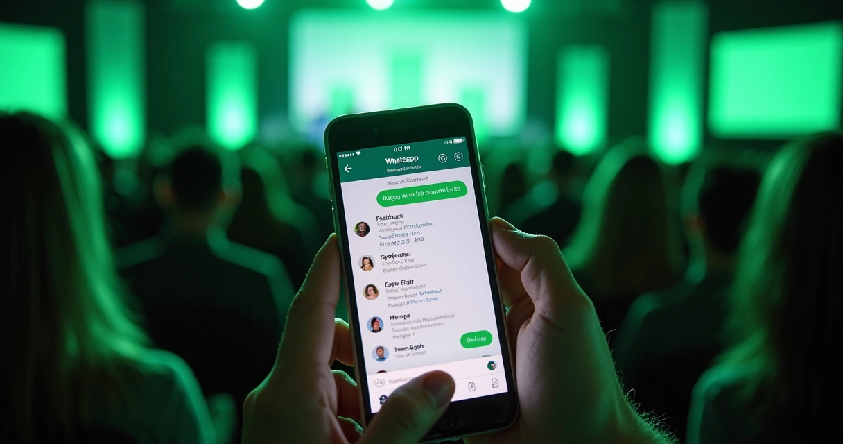 Pessoa digitando feedback em smartphone após evento