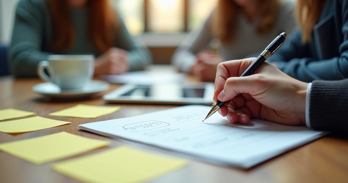 Pessoa escrevendo anotações após receber feedback, sentado à mesa 