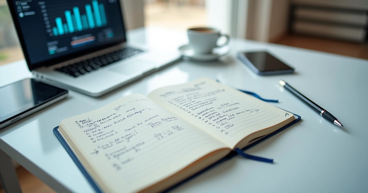 Anotações de feedback e plano de desenvolvimento em notebook
