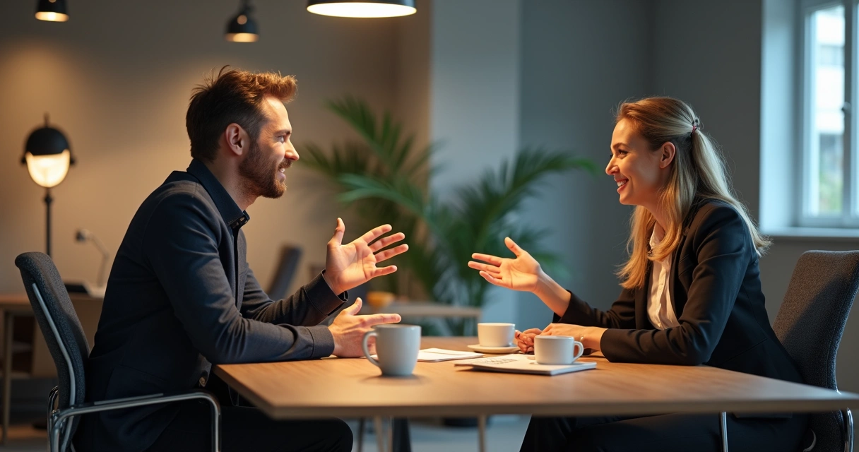 Duas pessoas conversando amigavelmente, uma ouvindo atentamente enquanto a outra fala, ambiente de escritório confortável 