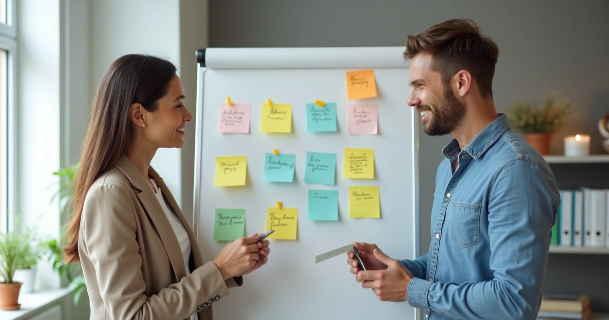 Dois colegas de trabalho conversam de pé, trocando feedbacks positivos e escritos em papel 