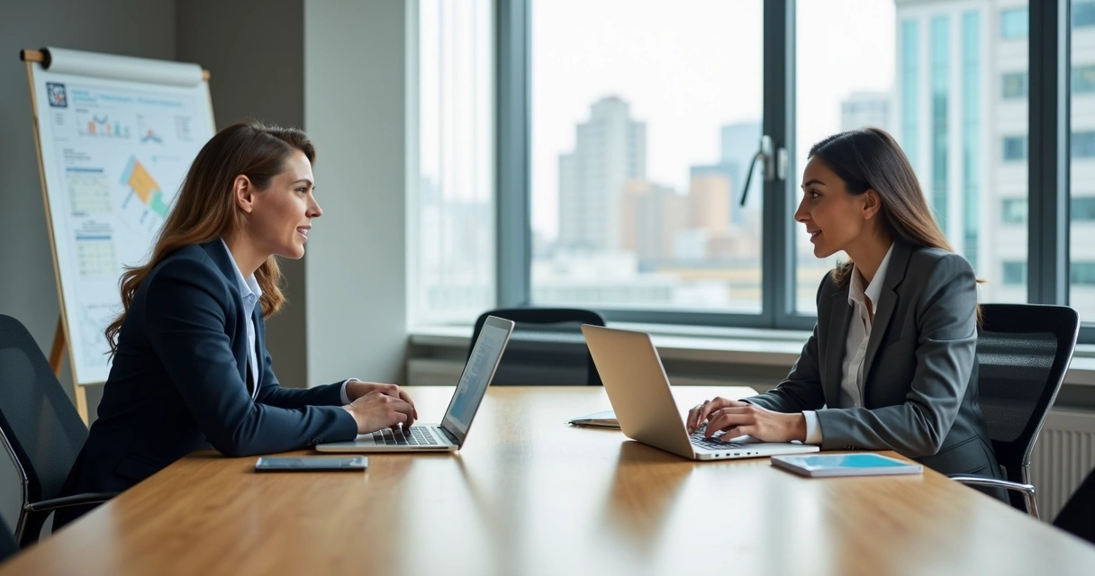 Dois colegas de trabalho sentados em uma sala de reunião trocando feedbacks, ambos ouvindo e falando com atenção 