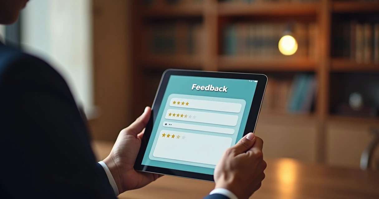 Cliente preenchendo feedback digital após atendimento jurídico em tablet 