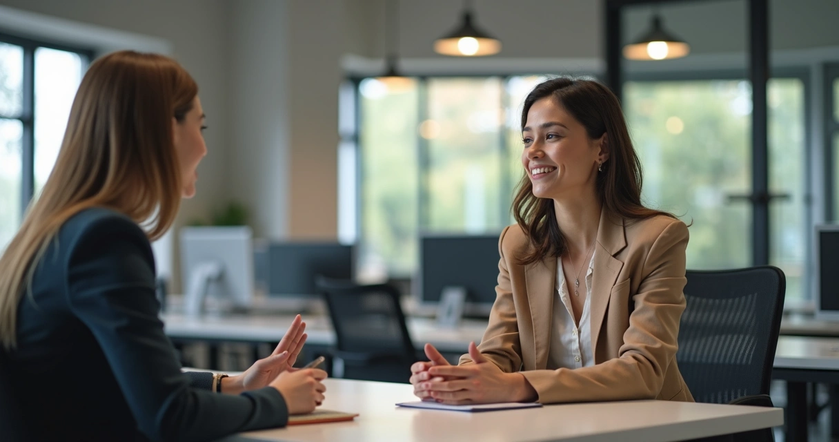 One-on-one feedback conversation at office desk