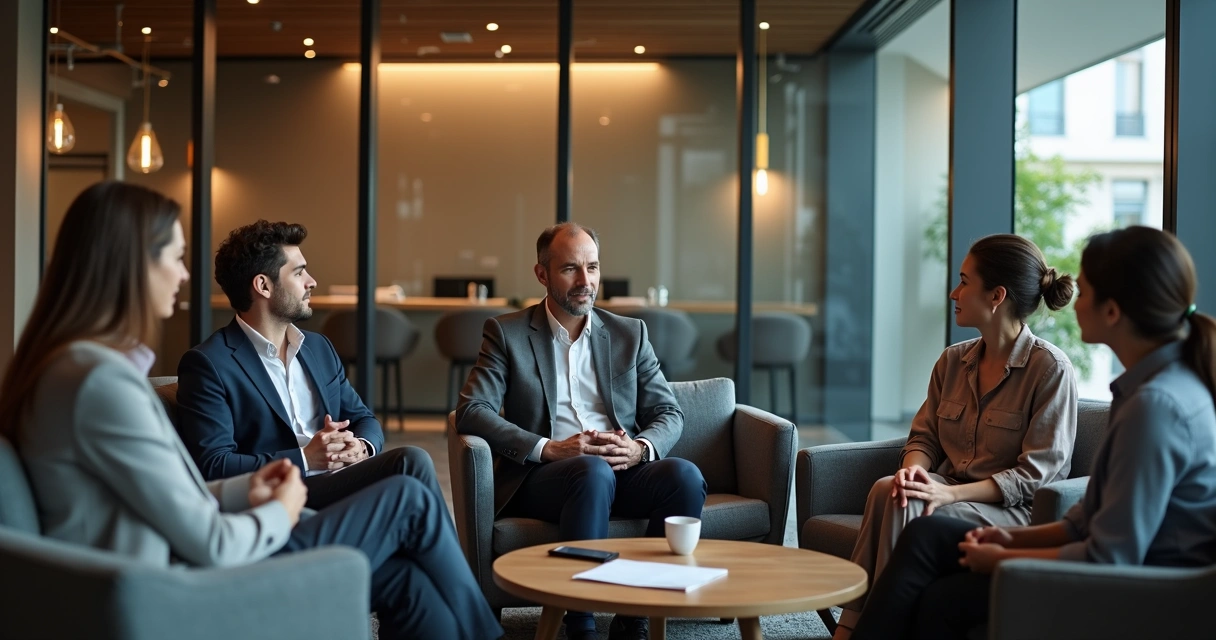 Gestor conversando e ouvindo integrantes de equipe em sala moderna 