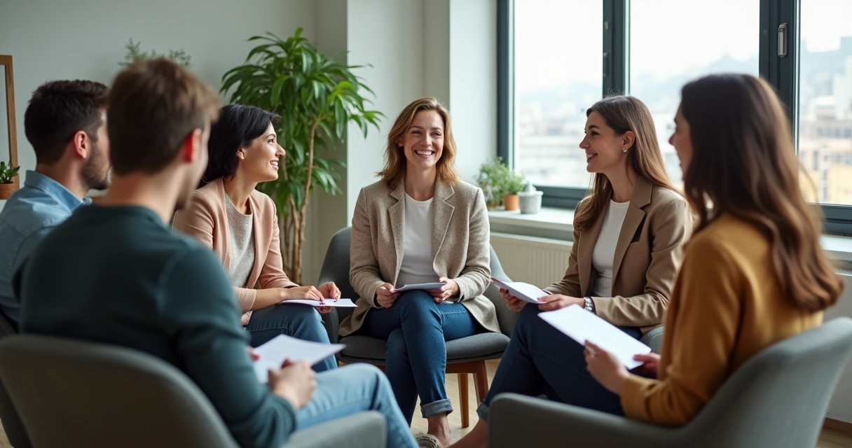 Colegas de equipe trocando feedbacks em círculo, sentados em cadeiras 