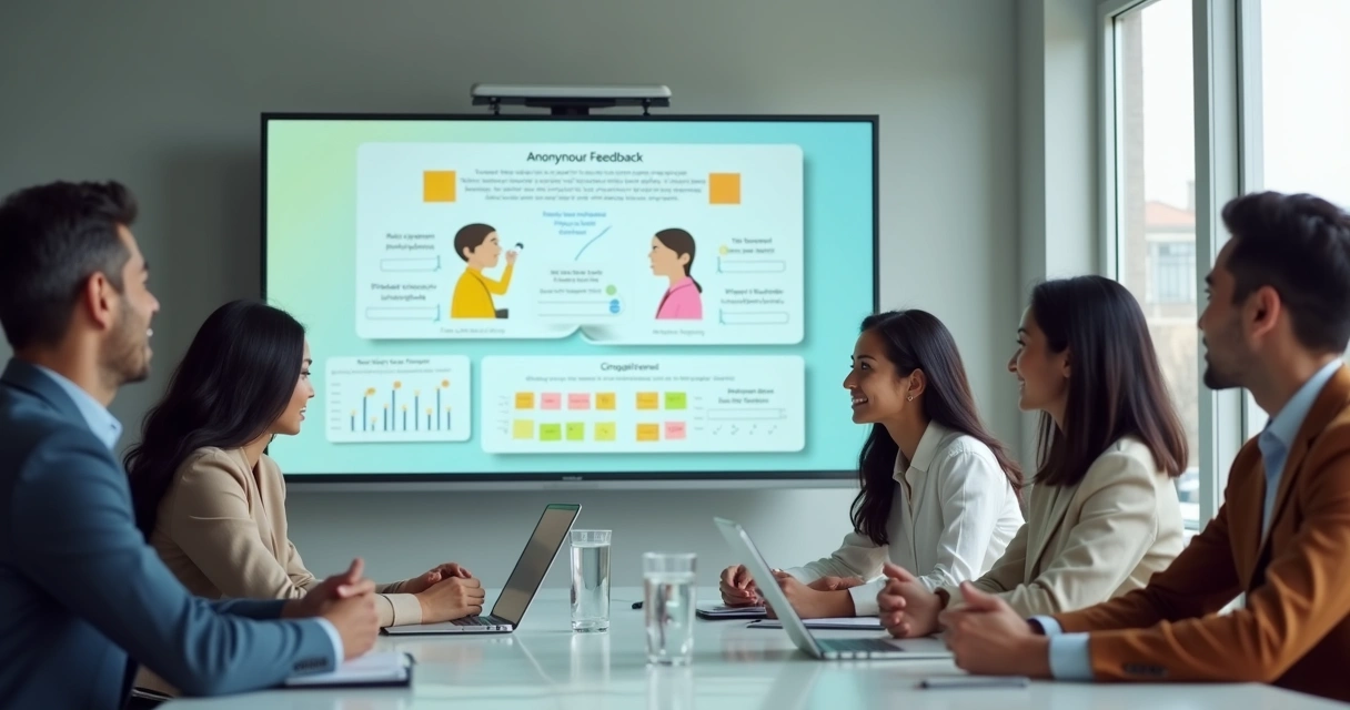 Equipe em reunião observando painel de feedback