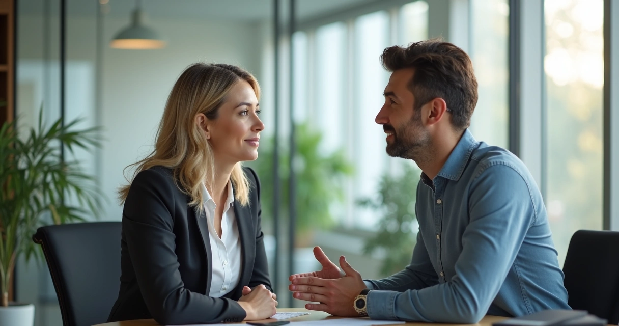 Feedback entre colega y líder en una oficina, mostrando atención y empatía 