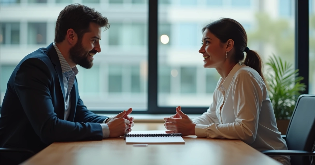 Gestor aplicando feedback empático em sala corporativa 