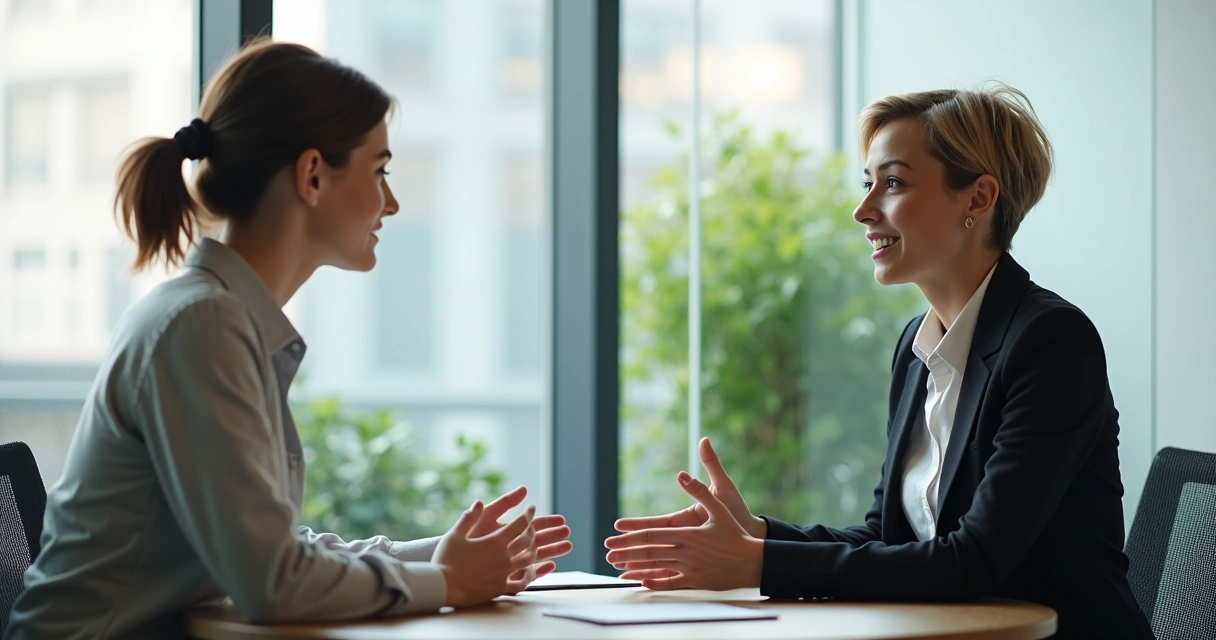Gestora jovem dando feedback para colaboradora em sala de reunião 