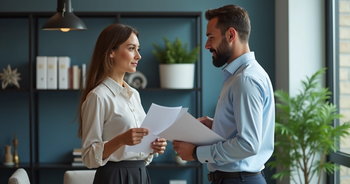 Gestor dando feedback a funcionária em escritório moderno, ambos segurando notas em papel 