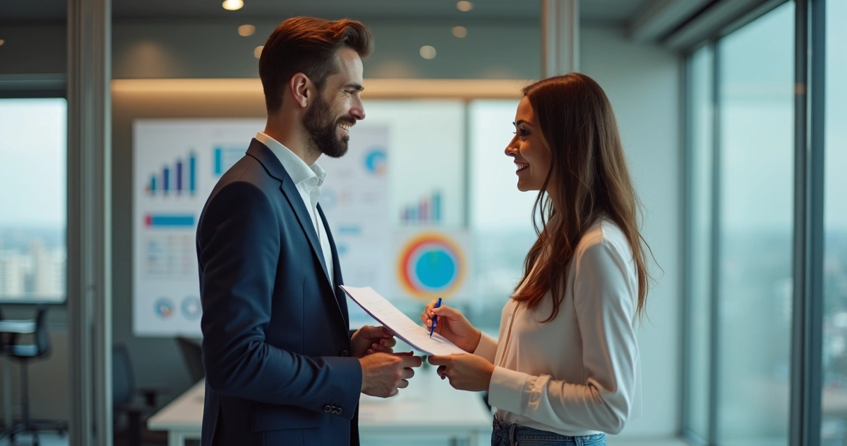 Dois profissionais trocando feedback em ambiente corporativo 