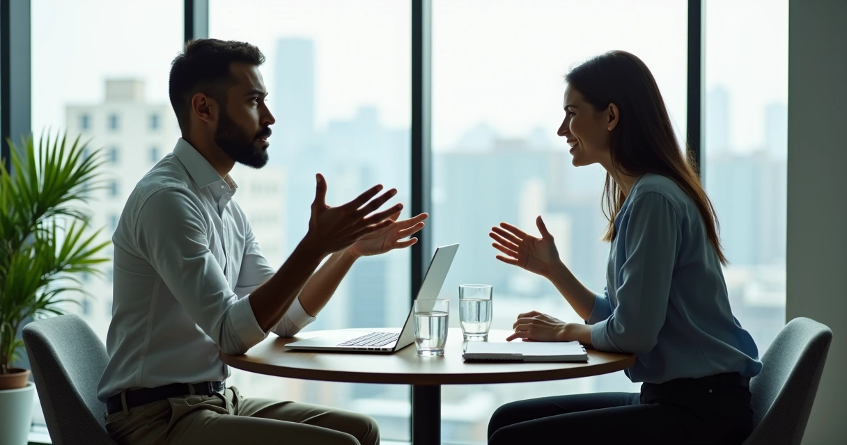 Dois colegas conversando em uma reunião de feedback entre pares em ambiente de escritório moderno 