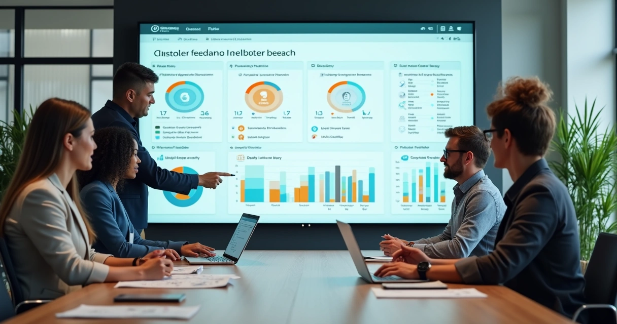 Equipe analisando feedback de clientes em painel de dados colorido 