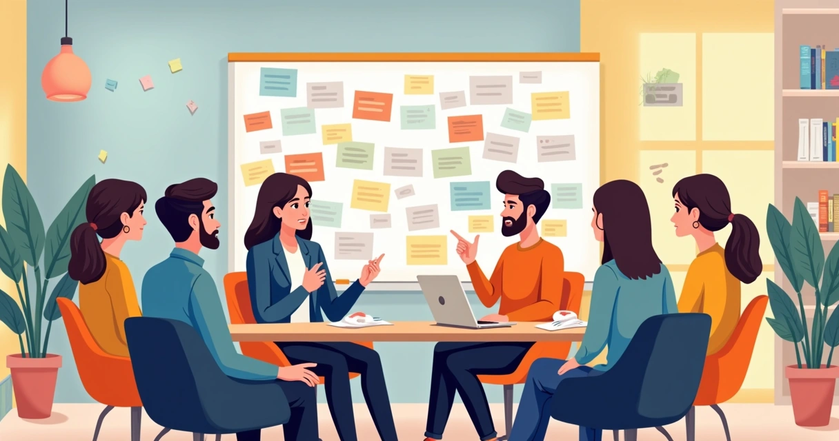 Equipe de atendimento trocando feedbacks em reunião colaborativa 