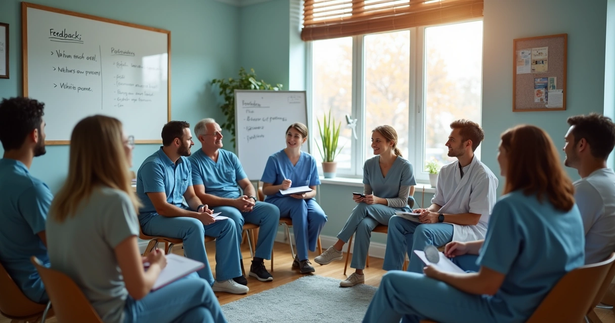 Equipe de clínica médica em reunião de feedback 