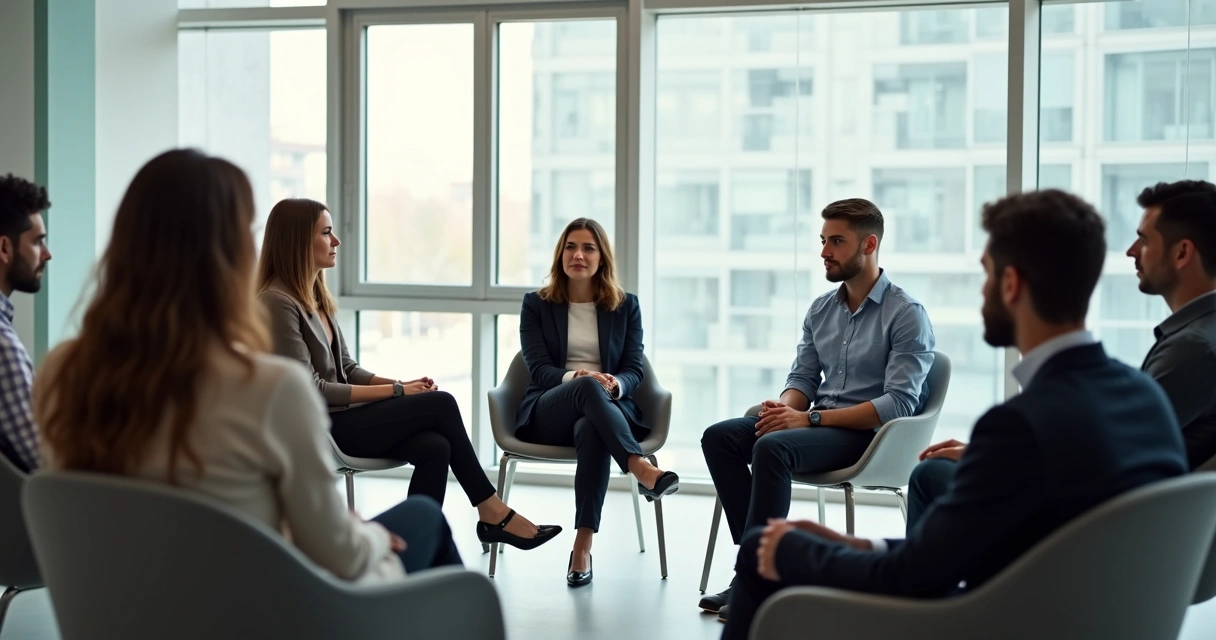 Reunião de equipe em círculo em uma sala clara, pessoas conversam atentas umas às outras 
