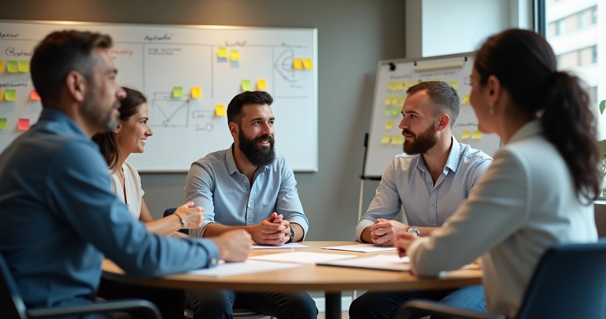 Grupo de pessoas sentadas em sala de reunião, conversando com expressão atenta e aberta