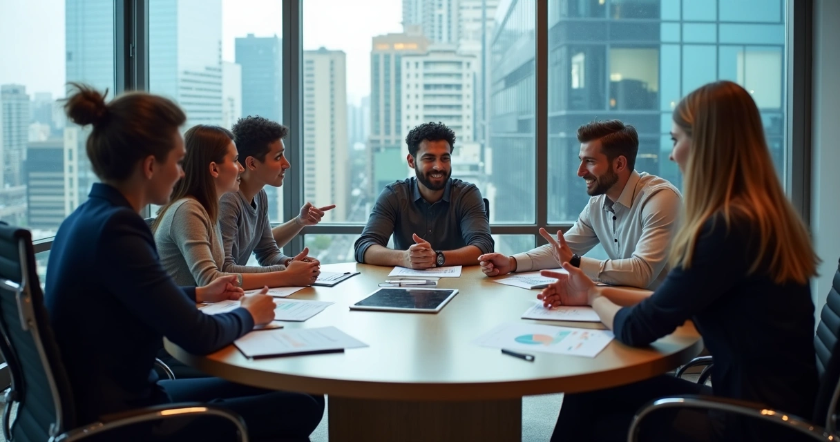 Equipe diversa trocando feedback em sala de reuniões com transparência 