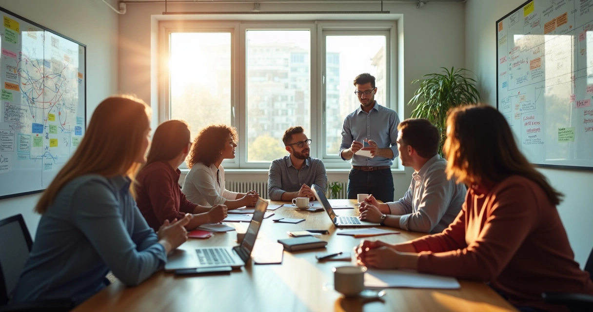 Reunião de equipe diversa trocando feedbacks em uma sala de reuniões