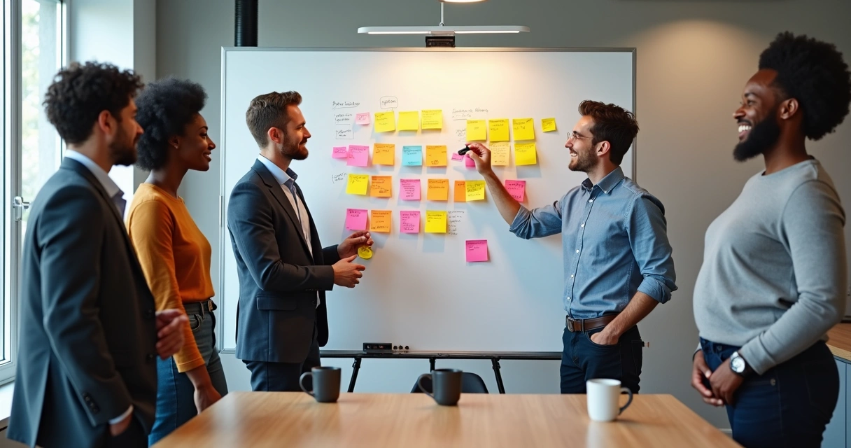 Equipe reunida discutindo feedbacks coloridos em um quadro branco 