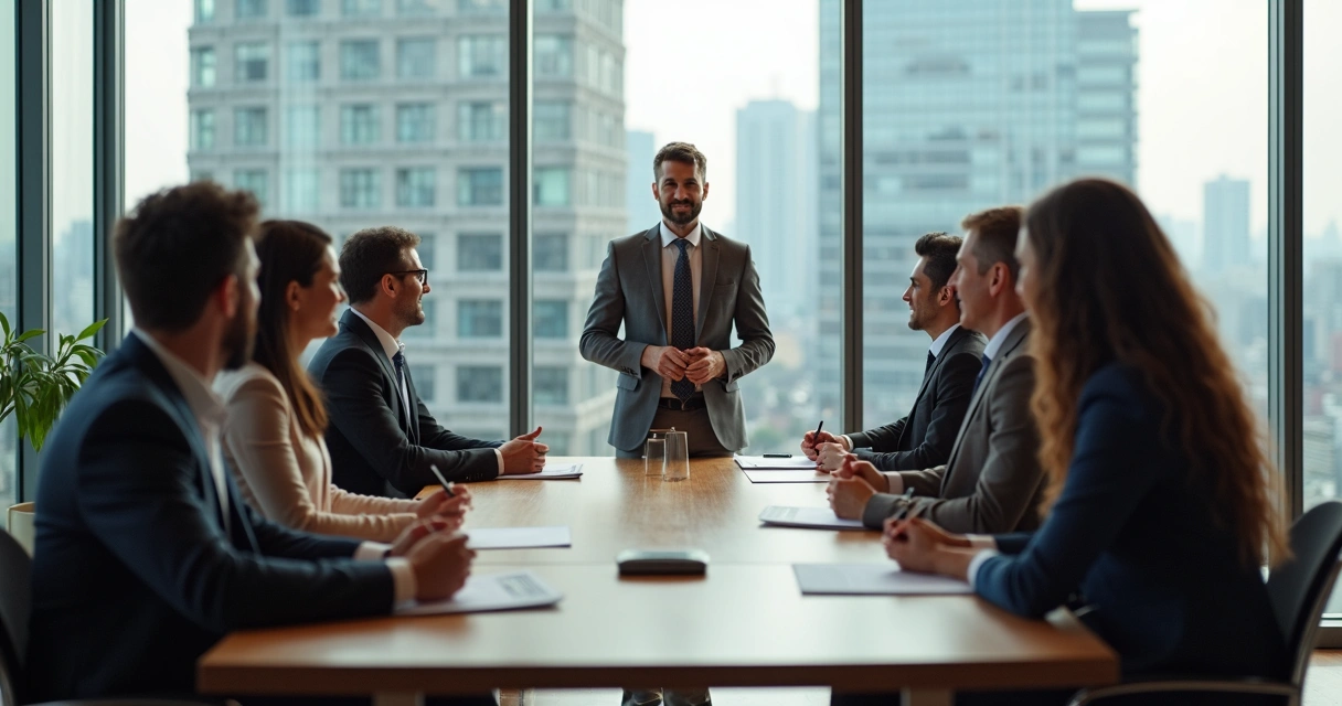Equipe reunida em sala corporativa, líder dando feedback 