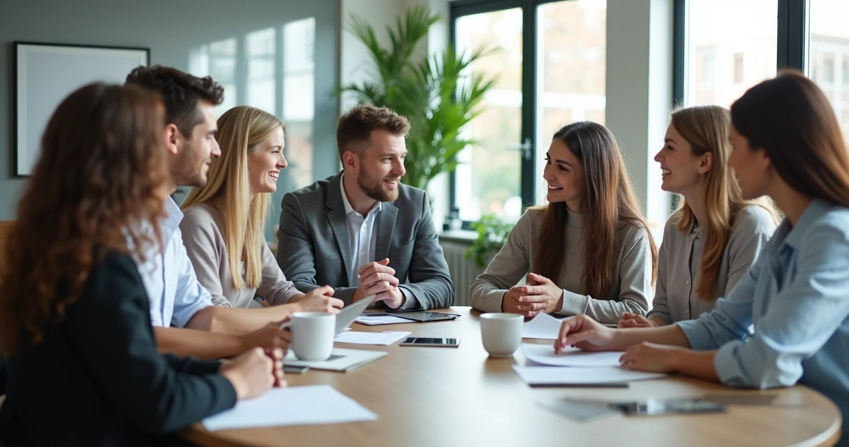 Equipe reunida em mesa, trocando feedbacks entre si em ambiente de trabalho moderno 
