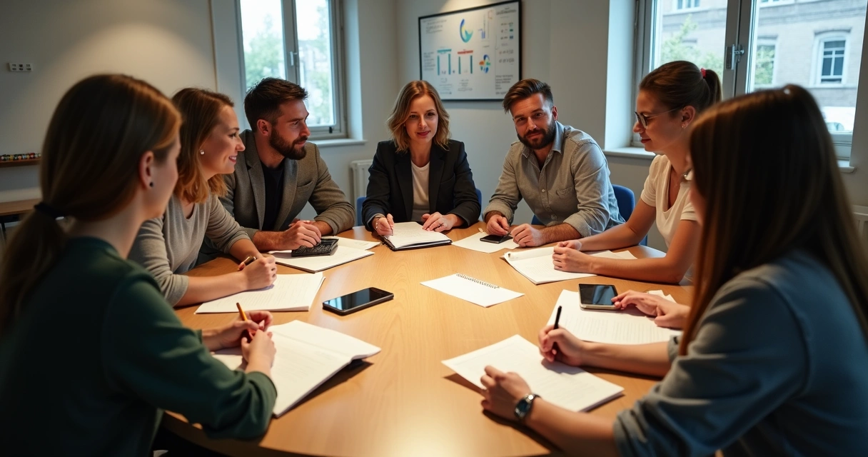 Equipe de vendas reunida em sala, conversando e trocando ideias entre colegas 
