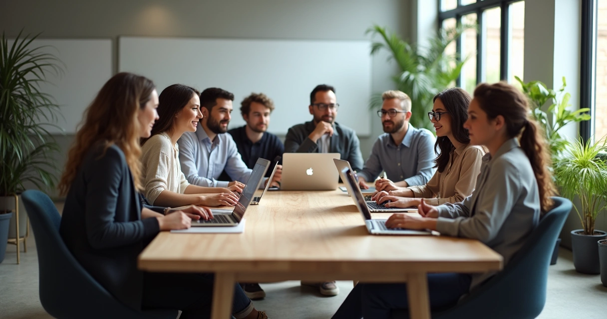 Equipe em reunião de feedback em escritório moderno 