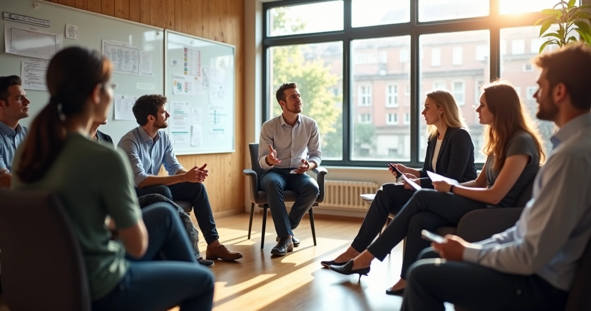 Equipe em reunião de feedback com pessoas atentas e uma pessoa falando