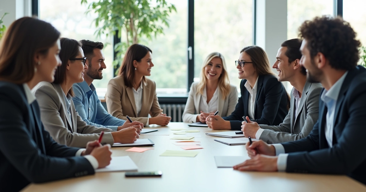 Equipe reunida em uma sala de reunião, trocando feedbacks de maneira colaborativa 