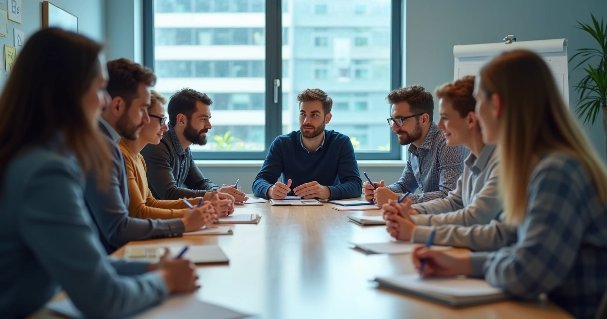Equipe em reunião recebendo feedback de líder