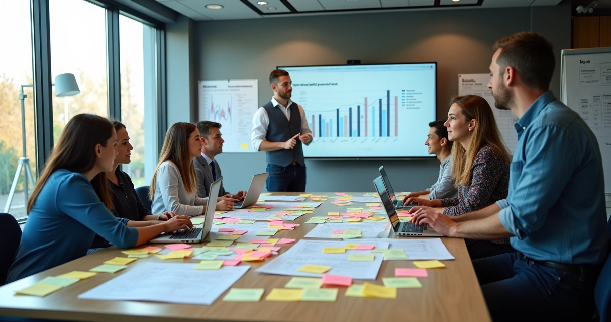Equipe SaaS em reunião analisando post-its de feedback dos clientes e gráficos de receita