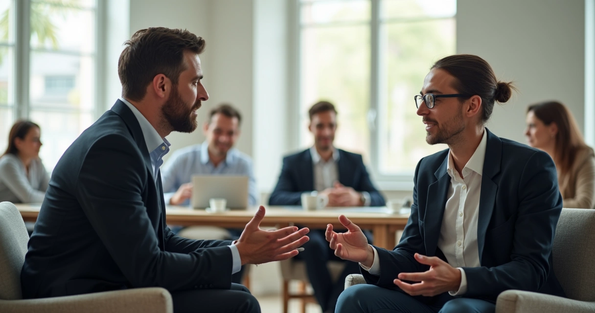 Gestor dando feedback construtivo a colaborador com outros colegas observando 