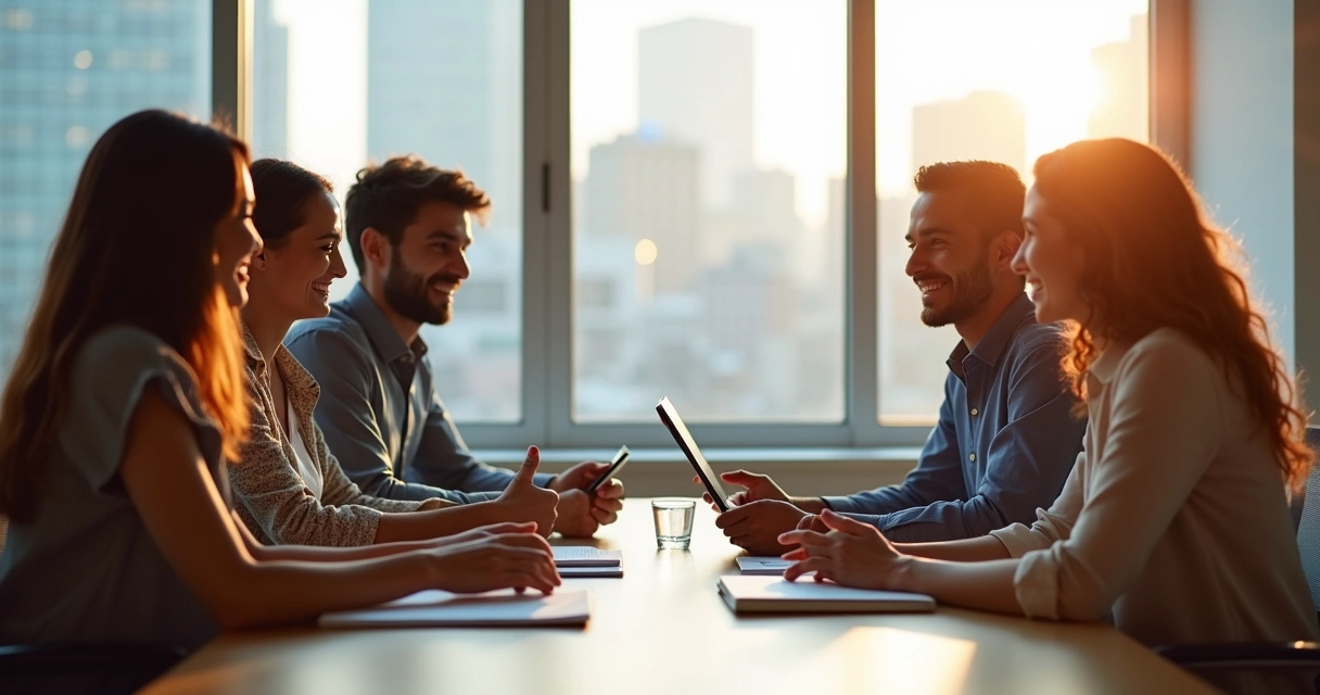 Equipe de trabalho reunida, sorrindo, enquanto uma gestora faz feedback positivo