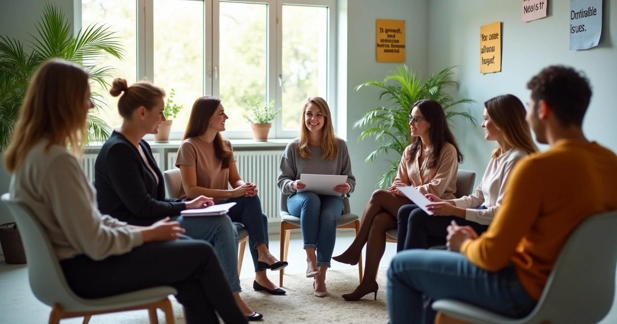 Equipe reunida trocando feedbacks em ambiente amigável 