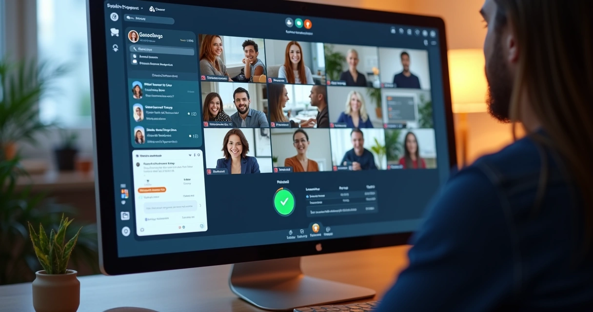 Tela de computador com videoconferência de equipe remota e gráficos de feedback 