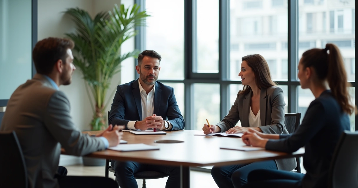 Reunião de trabalho com equipe ouvindo atenta e conectada 