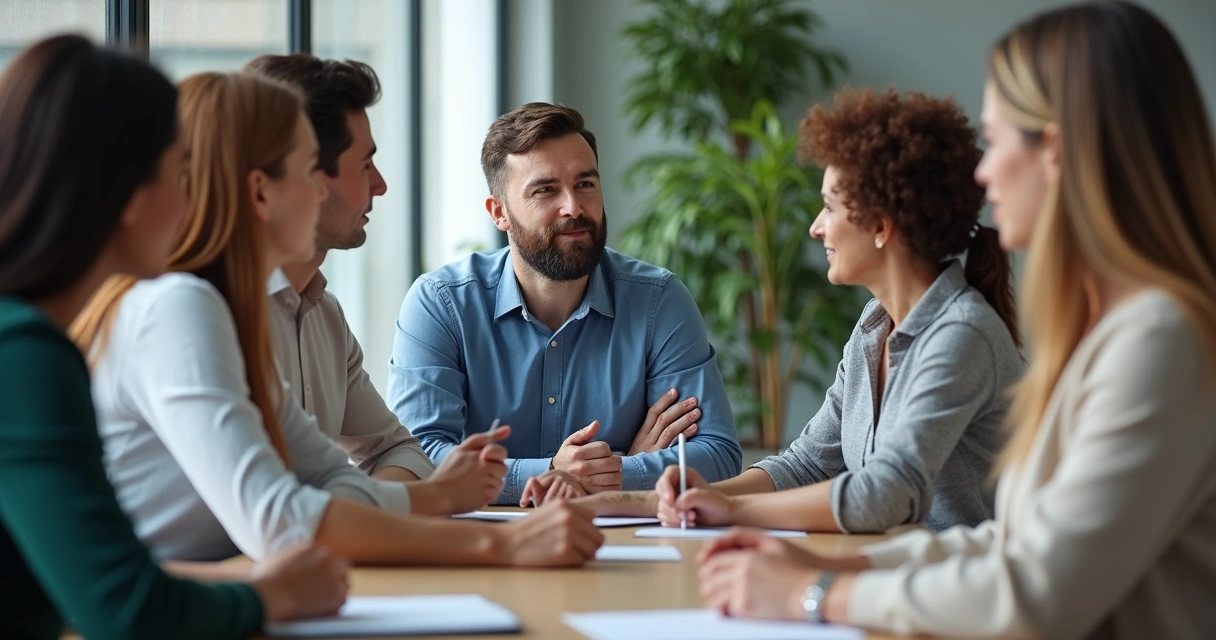 Equipe reunida ouvindo atentamente colega que compartilha opinião 