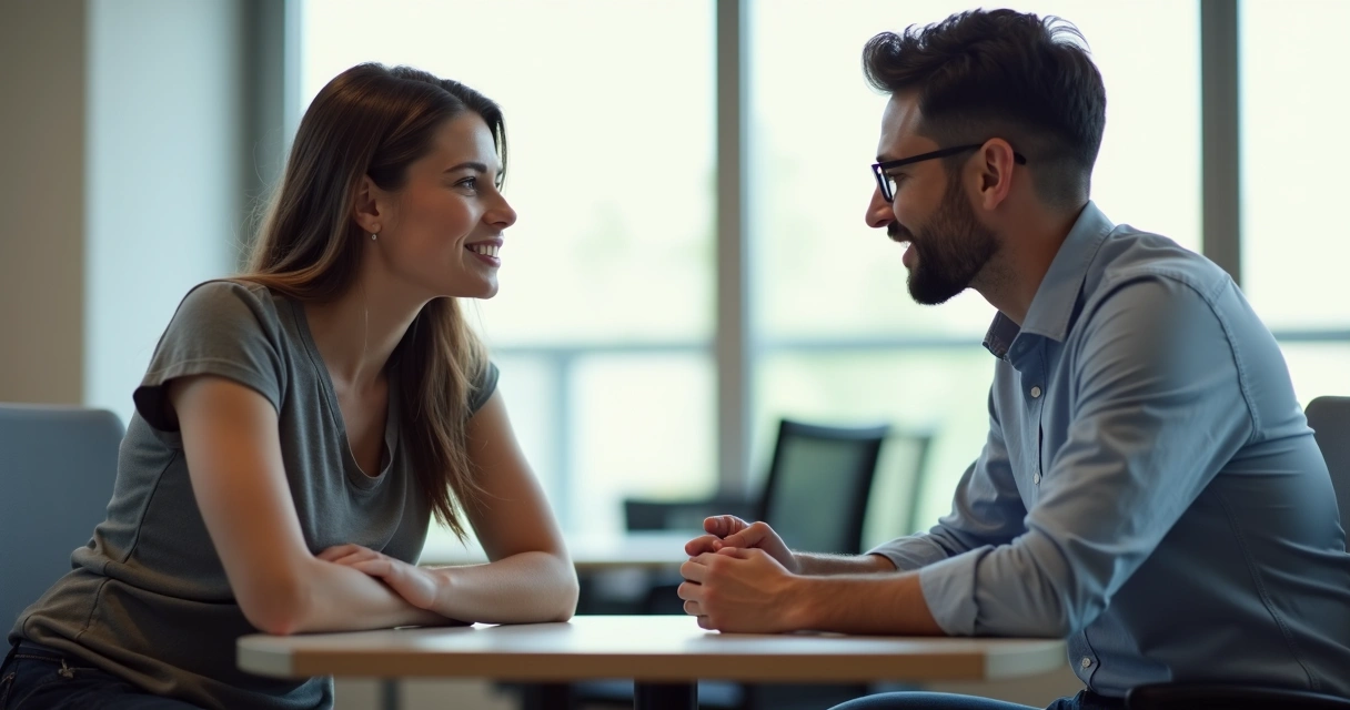 Gestor e colaborador conversando em clima leve e escuta
