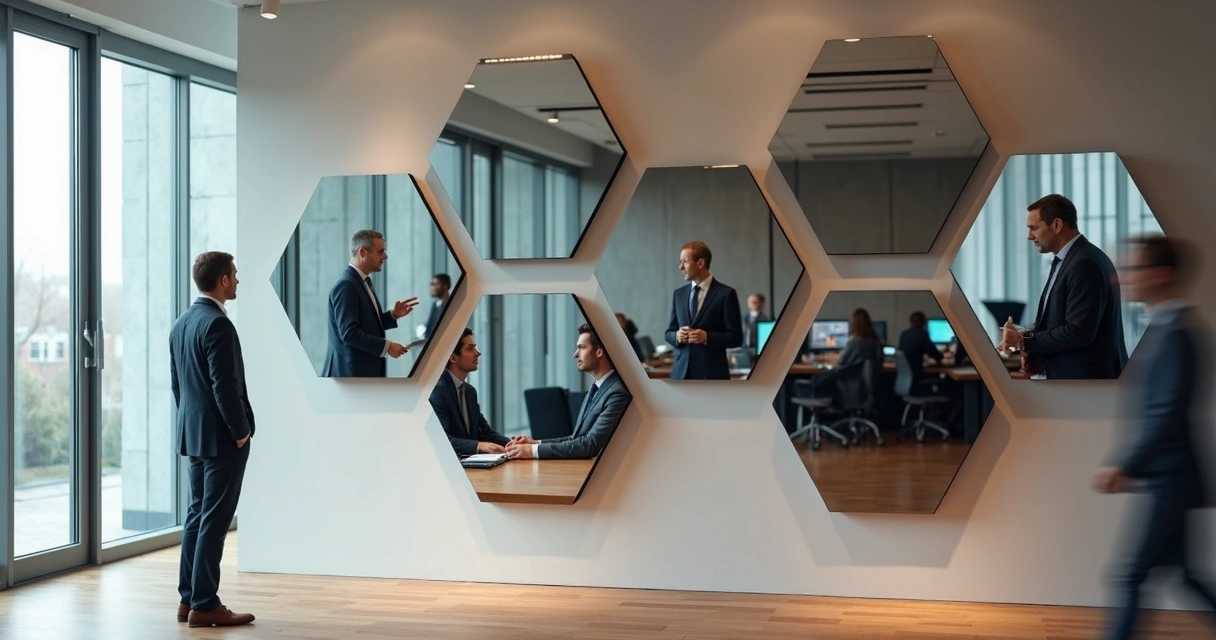Profissional diante de instalação de espelhos hexagonais observando diferentes versões de si mesmo 