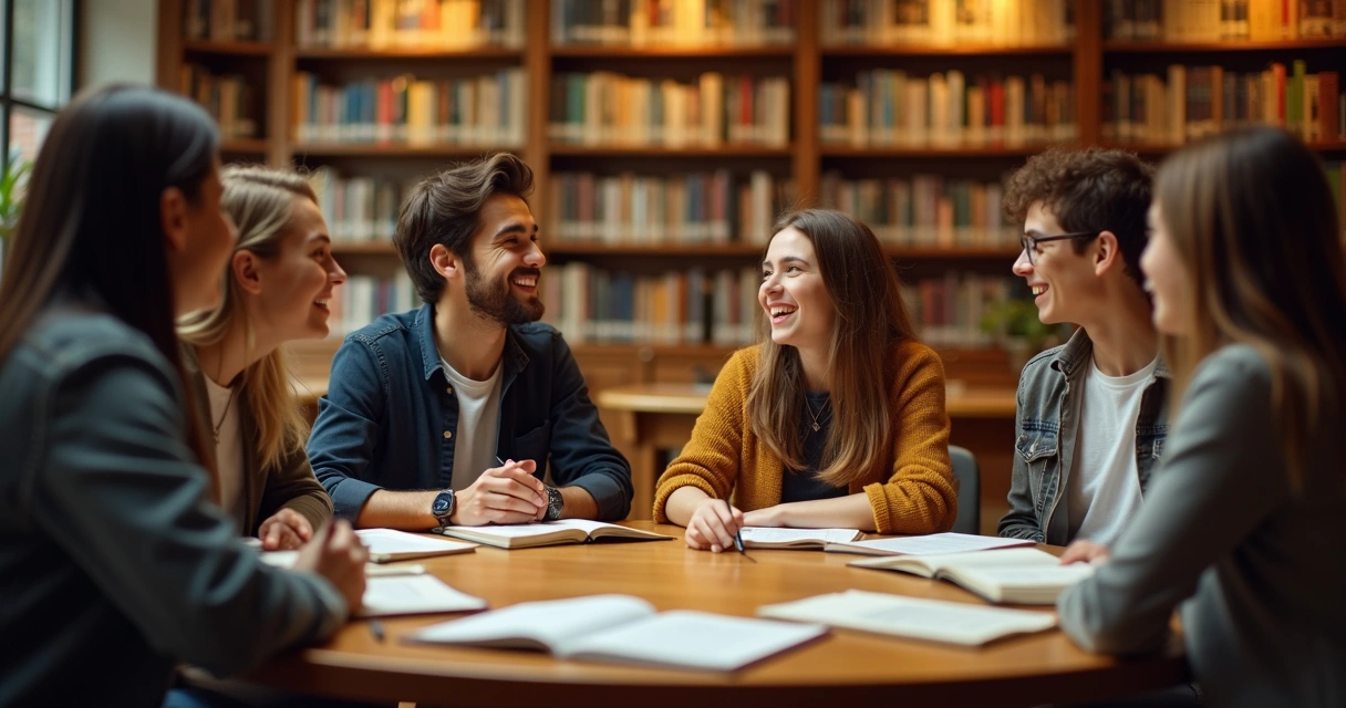 Grupo de estudantes sentados conversando e rindo, trocando feedbacks