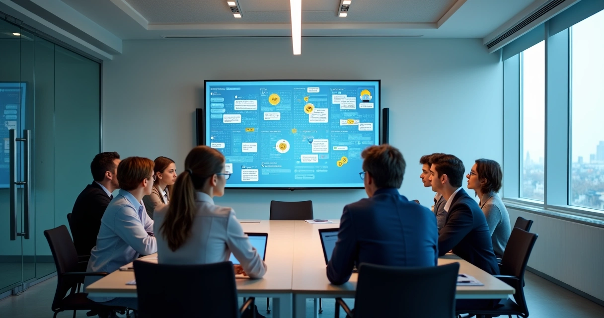 Equipe de profissionais analisando feedback digital em telas.