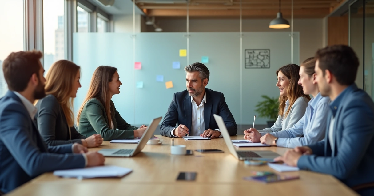 Líder e equipe em reunião dando feedback profissional em sala de escritório moderna 