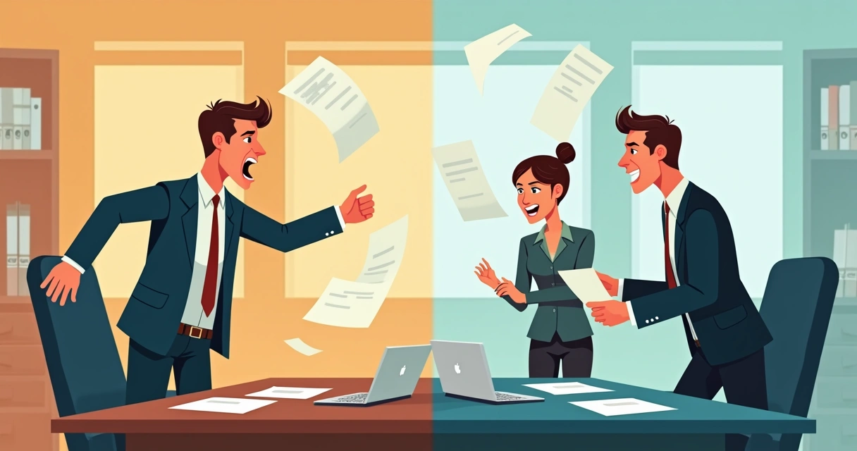 Duas cenas opostas: à esquerda, chefe gritando com subordinado em escritório; à direita, conversa quase silenciosa com sorrisos tímidos, ambos em mesa de reunião.