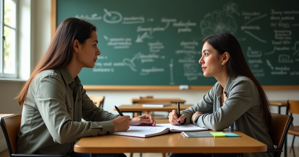 Professora e estudante em diálogo reflexivo em sala de aula com quadro cheio de anotações filosóficas 