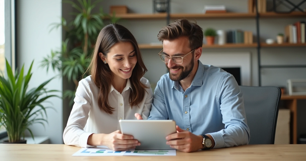 Two coworkers reviewing progress on a digital tablet in a well-lit office