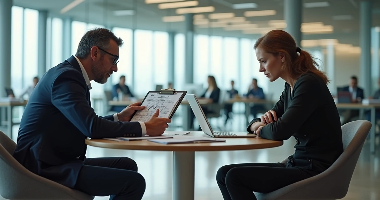 Gestor dando feedback tenso a profissional em escritório moderno 