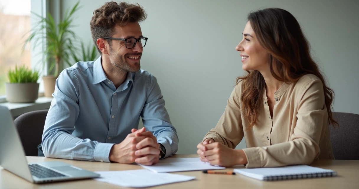 Gestor dando feedback equilibrado para colaborador, ambiente profissional. 